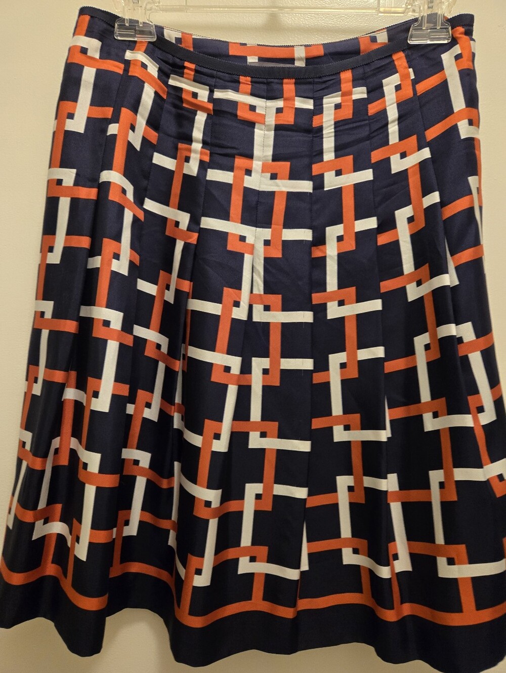 Ann Taylor Petite 4P Mod Geometric Chain Link Pleated Knee Skirt Navy